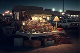 Fototapeta  - realistic photo of a night flea market nice things on tables 
