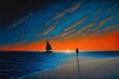 A lone figure stands on a deserted beach with a mobile in his hand staring out at the endless expanse of the sea The sky above is a mix of deep blues and oranges signaling the approaching sunset In 