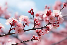 Pink Cherry Blossoms Branch On The Blurred Blue Sky Background. Long Banner With Spring Flowers Of Cherries Tree.