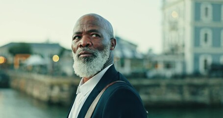 Poster - Serious, thinking and African businessman in the city with leadership, corporate career and confidence. Professional, idea and face of elderly male executive boss with vision standing in urban town.