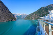 Cruise ship navigating in the narrow Tracy Arm Fjord near Juneau in southeastern Alaska, USA