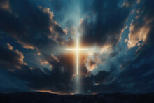 Cross Illuminated In Dark Sky With Clouds, God, Religion, Generative AI