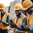 adult male construction workers on the job site laughing and smiling together on their phones, hard hats, visibility vests