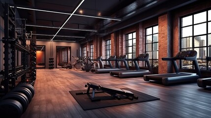 Wall Mural - Interior of modern gym with dark concrete walls, concrete floor and rows of fitness equipment