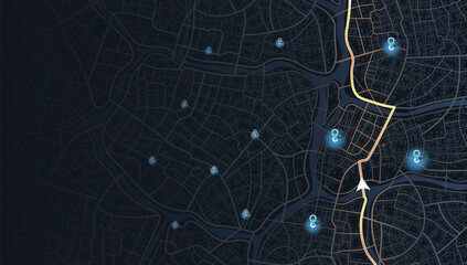 Wall Mural - Location tracks dashboard. City street road. City streets and blocks, route distance data, path turns and destination tag or mark. Huge city top view. vector, illustration. Abstract background.