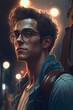 a young man with glasses a musician with a guitar on his shoulders 8k cinematicfull body 