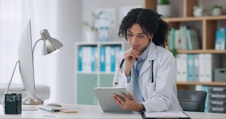 Wall Mural - Reading, research and doctor with tablet and results for healthcare, project and thinking of medical data or innovation. Surgeon, planning and working with technology in medicine analysis in hospital