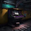 Create a photorealistic 3D render of a New York City subway station with a broken vintage piano lying cracked on the platform The walls of the station are covered in vibrant street art with graffiti 