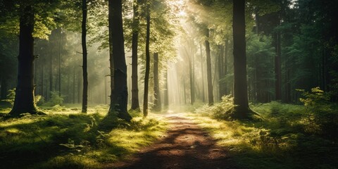 tranquil forest with sunlight filtering through trees, generative ai