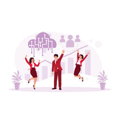 Wall Mural - The architect team jumps and raises hands because of successful work. Could Computing concept. Trend Modern vector flat illustration