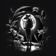 Skeleton Gangster Lotus Flower Moon lit Pond 8k black and white 