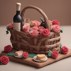 Wall Mural - Wicker basket with wine. cheese and roses. Valentines day concept