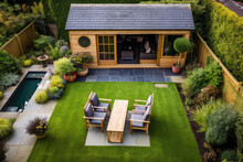 Back Garden With Artificial Grass, Grey Paving Slab Patio, Summer House Garden Timber Outbuilding, Fish Pond