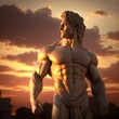 handsome muscular ancient Greek statue with sunset background in ancient greece 