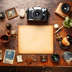 An evocative top-down image of an old camera resting on a wooden table surrounded by aged paper and cherished memory items, invoking a sense of nostalgia and a journey into the past