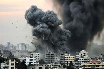 Wall Mural - destroyed town with smoke coming out of it after war battle attack.