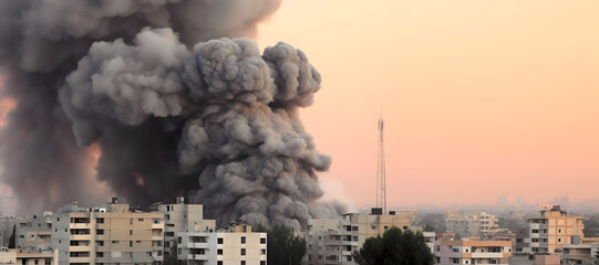 Wall Mural - destroyed town with smoke coming out of it after war battle attack.