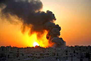 Wall Mural - destroyed town with smoke coming out of it after war battle attack.