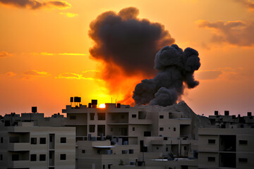 Wall Mural - destroyed town with smoke coming out of it after war battle attack.