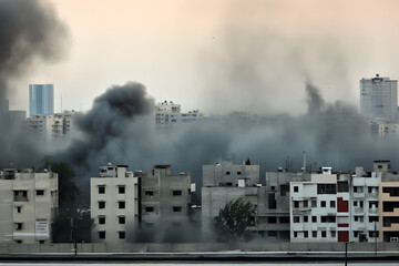 Wall Mural - destroyed town with smoke coming out of it after war battle attack.