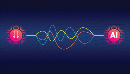 Voice Recognition AI personal assistant modern technology visual concept vector illustration. microphone icon button with colorful sound wave audio spectrum line on dark grid background