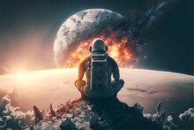 A Astronaut Is Sitting On A Stone Looking Far Over The Planet Earth With A Nuclear Explosion 