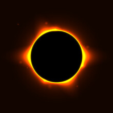 Sun Full Eclipse Concept. Red Yellow Solar Glow Background. Moon Or Planet Total Eclipse In Dark Space. Hot Star Surface Flare With Rays And Beams Effects. Vector Illustration