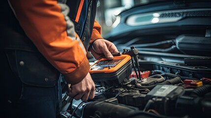 Close-up of a car mechanic using an ammeter to check a car battery in front of the engine bay. Natural light telephoto lens