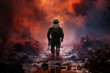 A Soldier walking on ruined warzone