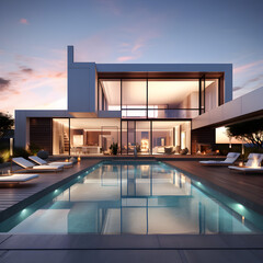 luxury hotel room with pool in the night