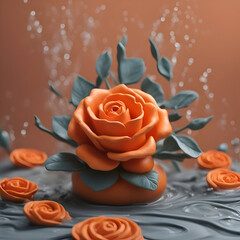 Wall Mural - Orange rose on the background of water with drops. 3d rendering