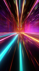 Poster - Abstract background with colorful glowing neon moving high speed line and wave and bokeh lights horizontal to vertical. Data transfer concept, reflect on the floor.