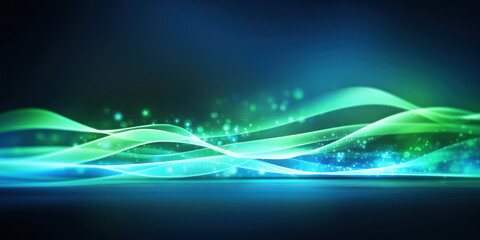Poster - Glowing neon waves on blue green background
