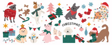 Merry Christmas And Happy New Year Concept Background Vector. Collection Drawing Of Cute Dogs With Decorative Scarf, Ribbon, Hat. Design Suitable For Banner, Invitation, Card, Greeting, Banner, Cover.