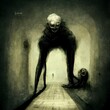 old skinny man crawling on all fours with long limbsgrotesque deranged face with black eyes crawling in a hallway in a dark househideous and terrifying 