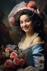 Wall Mural - Nostalgia for old Paris: Acryl photo effect of young French woman with flowers, 18th century