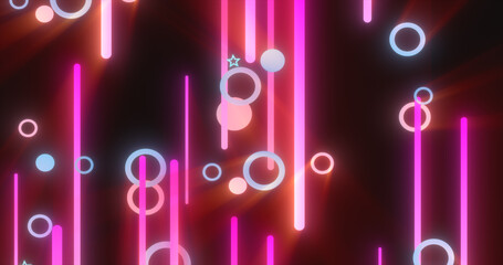 Poster - Purple red glowing geometric abstract background pattern of flying lines and circles