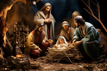 virgin Mary and baby Jesus and family, Capturing Christmas: Artful Nativity Scenes Illustrating the Biblical Tale, with Figurines, Crèches, and Dioramas.