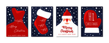 Set Of Christmas Greeting Cards With Lettering, Red And Blue, Flat Vector Illustration With Abstract With Santa Claus, Red Bag, Sock And Glove Design For Marketing, Voucher, Invitation