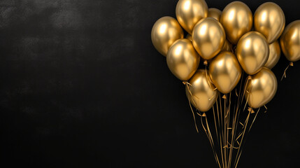 Wall Mural - Gold balloons bunch on a black wall background, Horizontal banner,