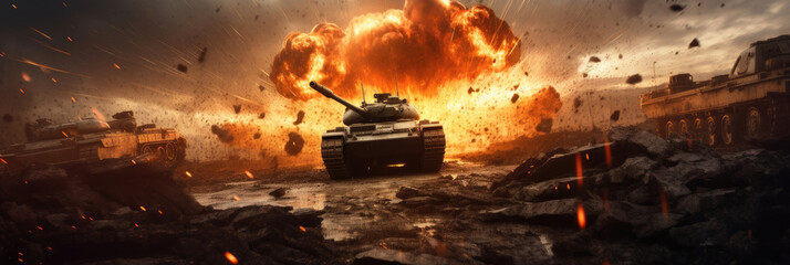 Armored tank shooting of a battle field in a war. bombs and explosions in war. Generative Ai