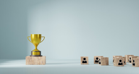 Wall Mural - cube block staircase moving step growing up to target and award trophy on top. success achievement o