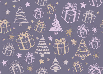 Wall Mural - christmas tree, new year set, gift, hand drawn illustrations. vector.