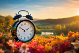Fototapeta  - Daylight saving time ends. Alarm clock on beautiful nature background with summer flowers and autumn leaves. Summer time end and fall season coming. Clock turn backward to winter time. Autumn equinox