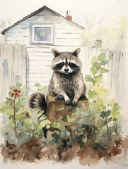 Wall Mural - A Minimal Watercolor of a Raccoon in the Backyard of a Nice House in the Suburbs