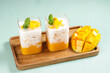 Mango Sago Dessert is Made from  Puree Mango, Sago Pearl, and Coconut Milk top with Sliced Mango.