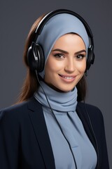 Portrait of young beautiful Muslim business woman call center operator