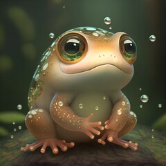 A super adorable frog rendered in a lightcore style that emphasizes its soft fluffy features The body is a mix of warm browns and creamy whites with big round eyes that glitter like jewels giving 