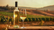 Mock-up white wine bottle without label, glass, promotion, advertising, vineyards at sunset