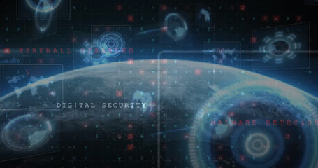Poster - Image of circles, radars, letters, symbols, numbers, texts over globe against black background